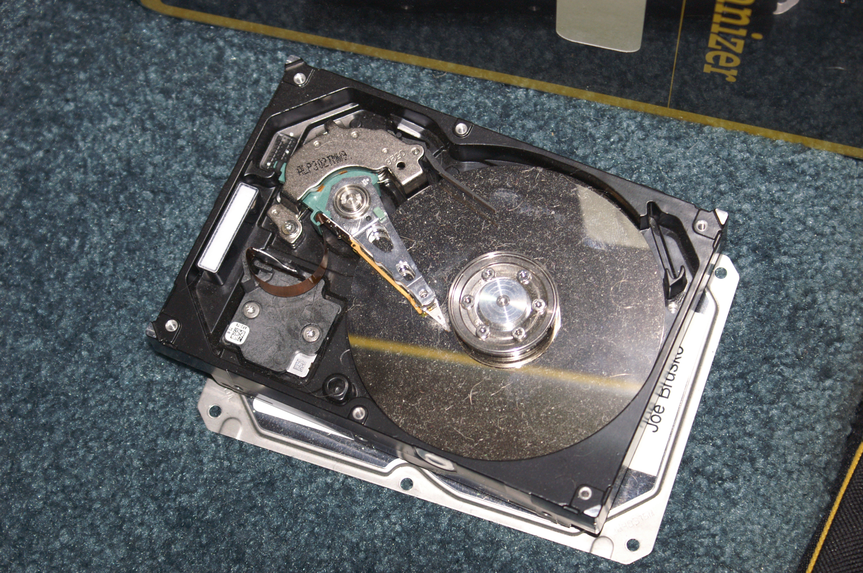 The insides of a failed hard disk.